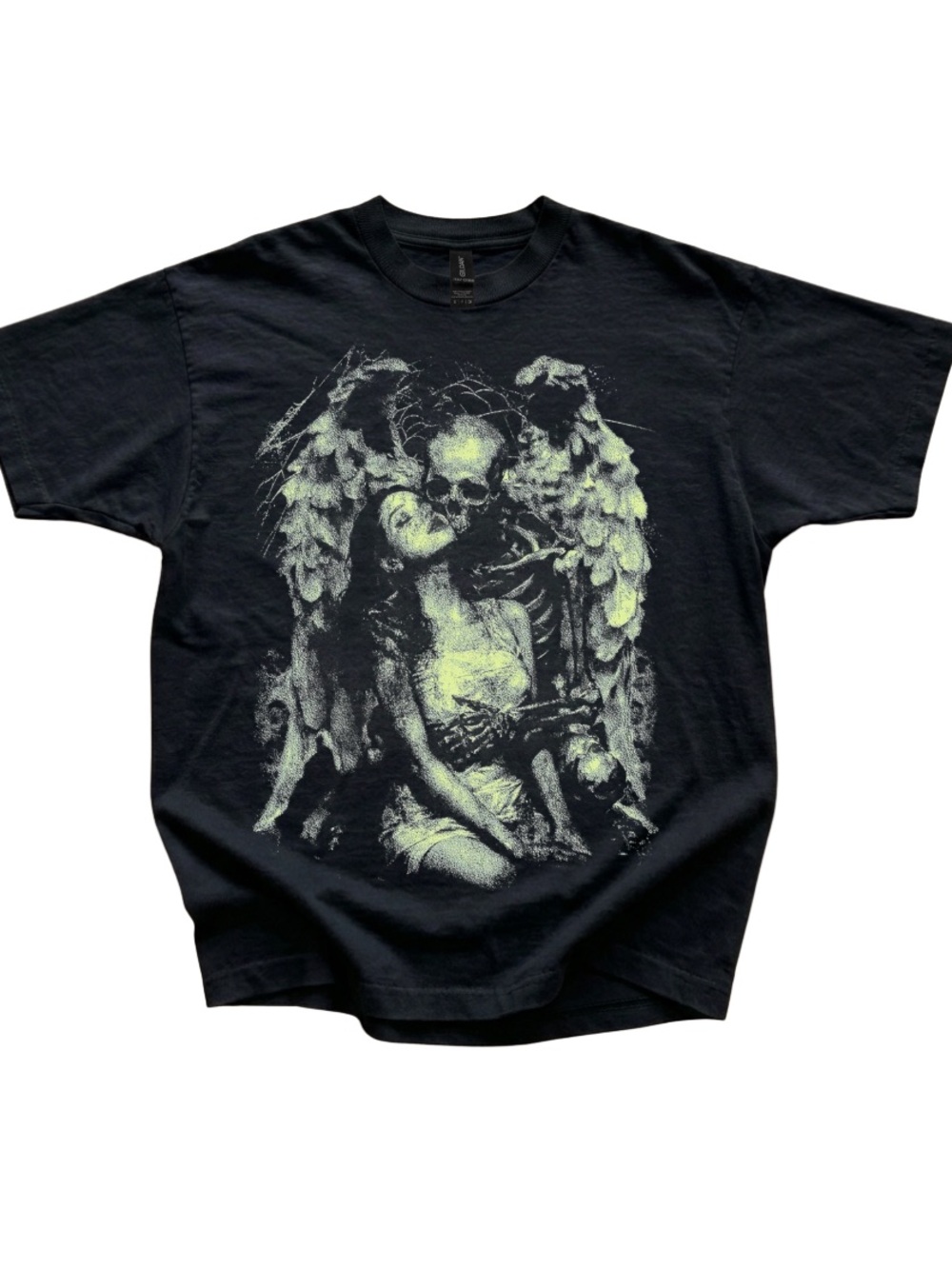 Gildan Black Graphic Tee with Pale Green Angel & Skeleton Artwork